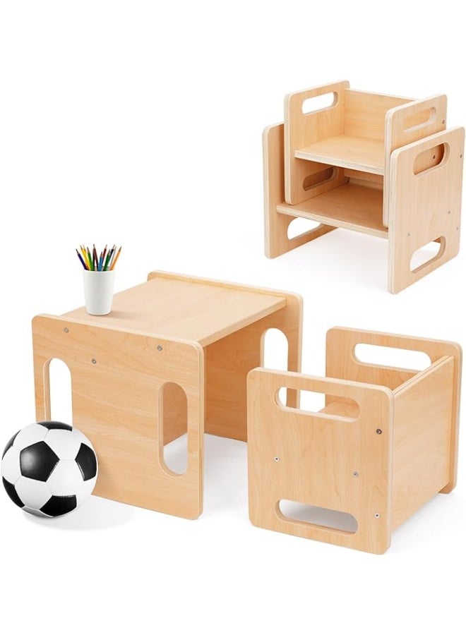 Tooky Toy Montessori Weaning Table and Chair Set, Kids Activity Table and Chair Set with Fence for Read, Play Toys, Snack Time, Step Stool, 1-3 Year Old Kids Montessori Furniture - Image 1